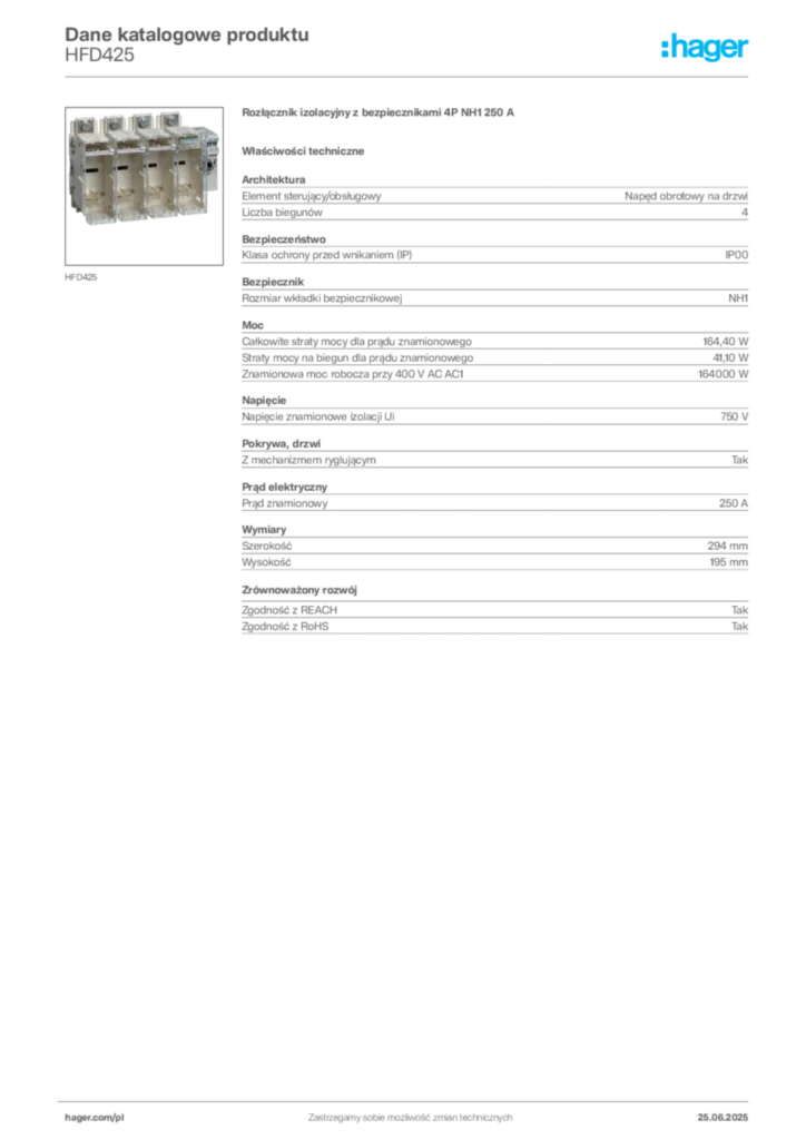 Zdjęcie Hager Karta katalogowa HFD425 | Hager Polska