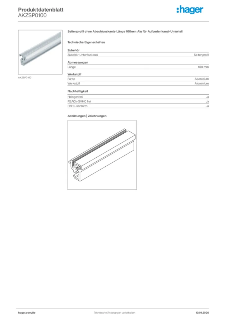 Bild Hager Produktdatenblatt AKZSP0100 | Hager Deutschland
