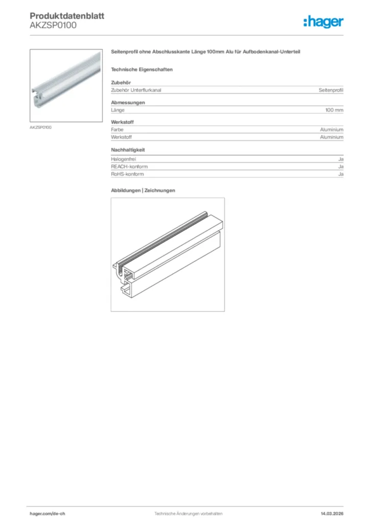 Bild Hager Produktdatenblatt AKZSP0100 | Hager Schweiz
