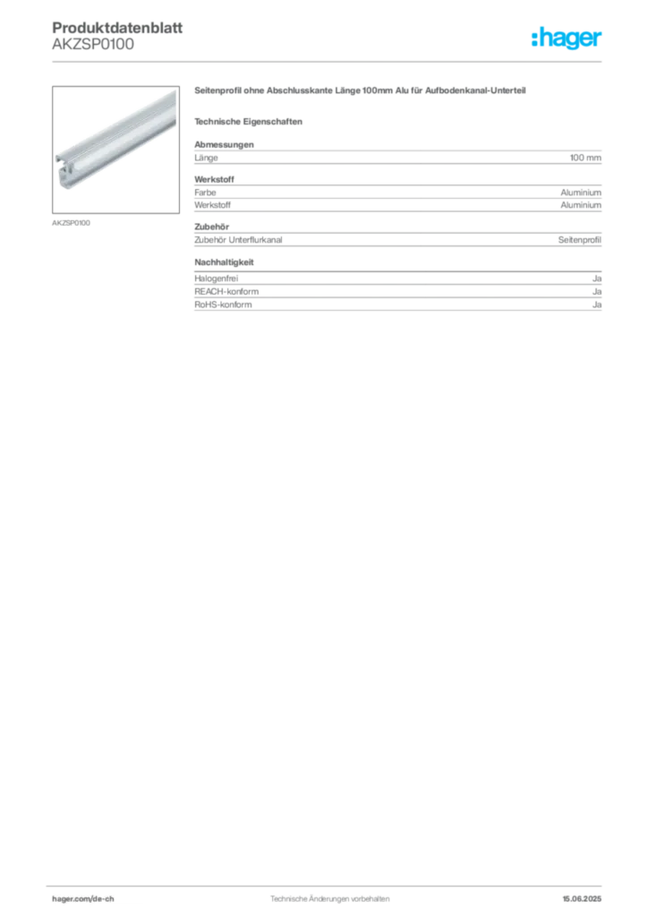 Bild Hager Produktdatenblatt AKZSP0100 | Hager Schweiz