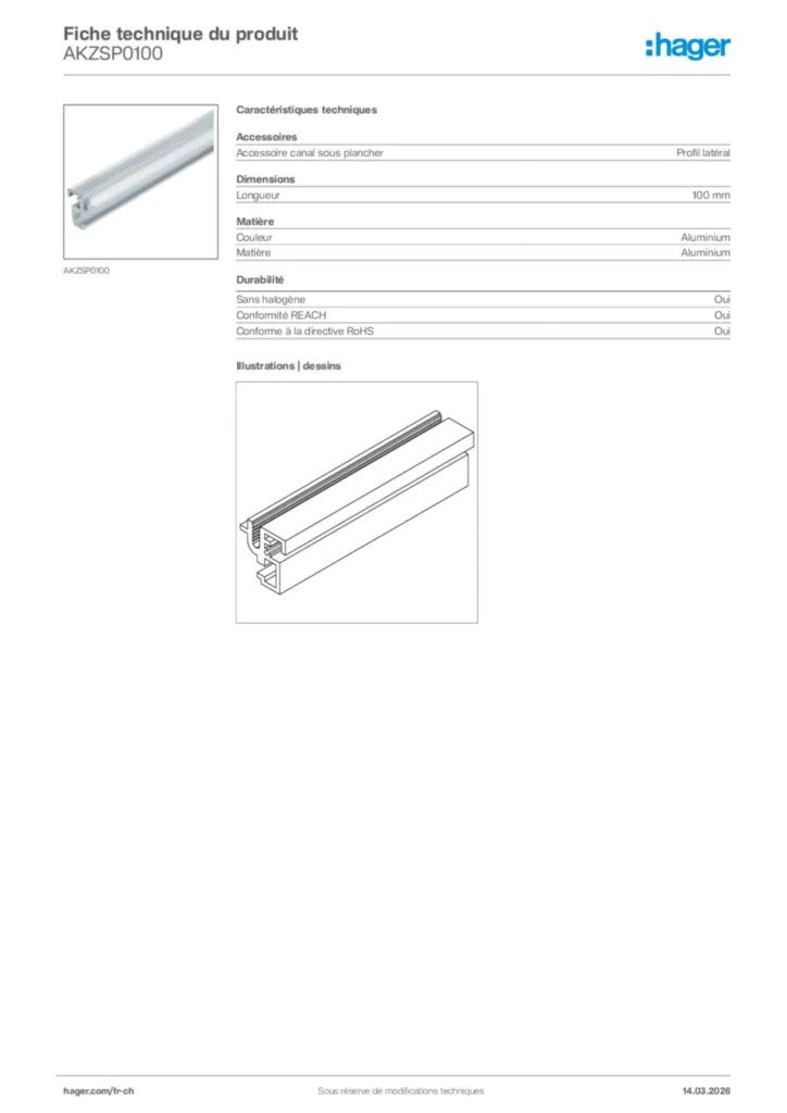Image Hager Fiche technique du produit AKZSP0100 | Hager Suisse
