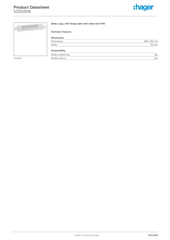 Image Hager Product data sheet VZ003VB  | Hager Africa
