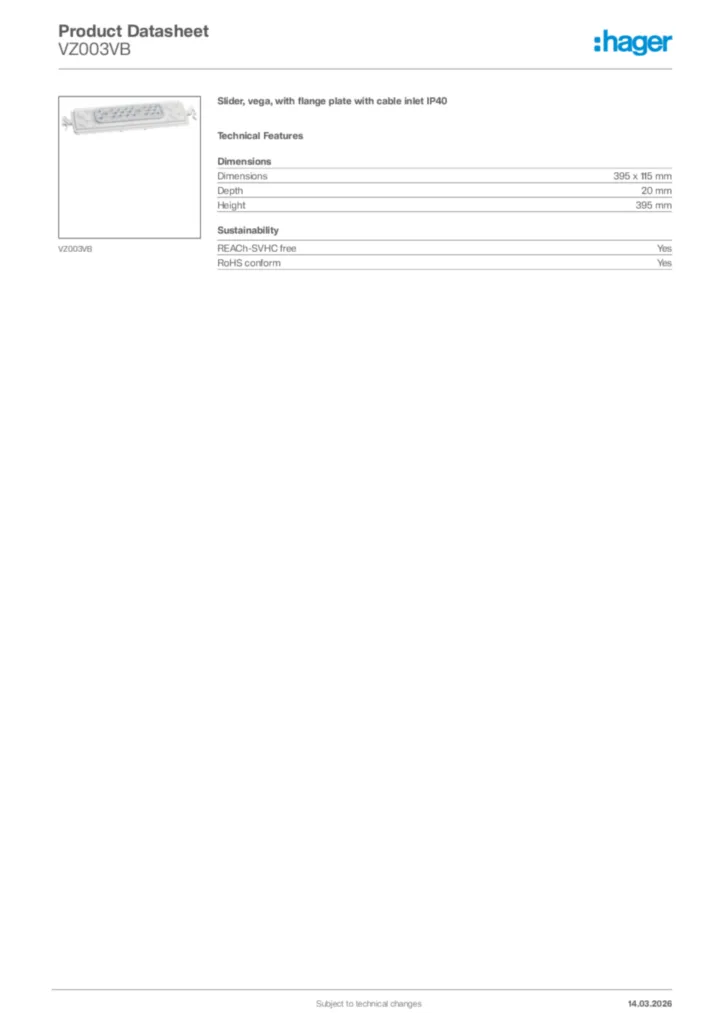 Image Hager Product data sheet VZ003VB  | Hager Africa