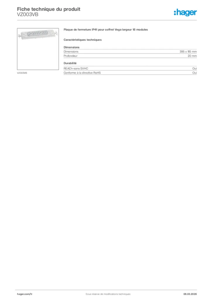Image Hager Fiche technique du produit VZ003VB | Hager France