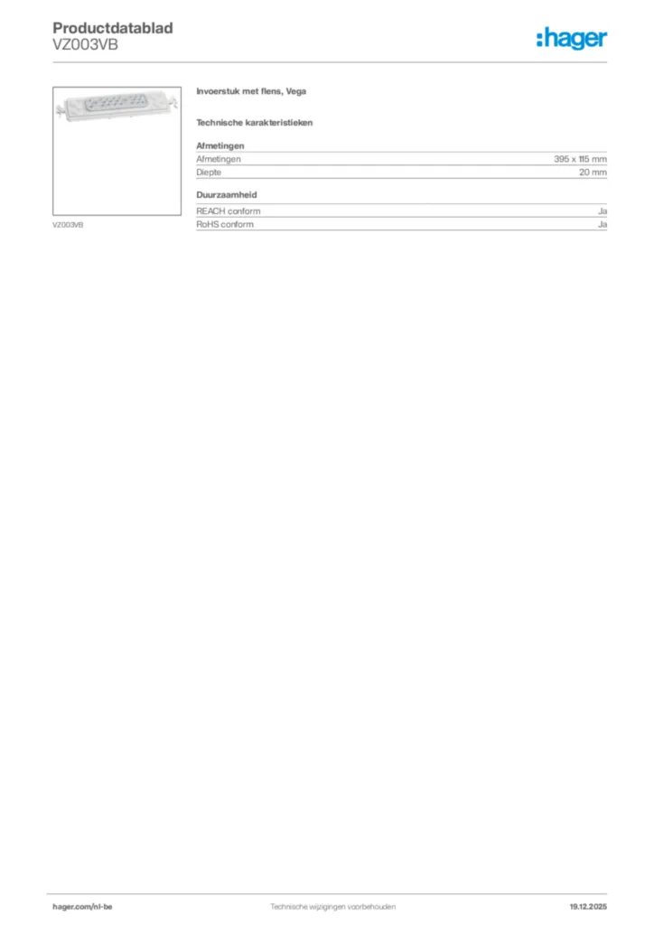 Afbeelding Hager Productdatablad VZ003VB | Hager Belgium