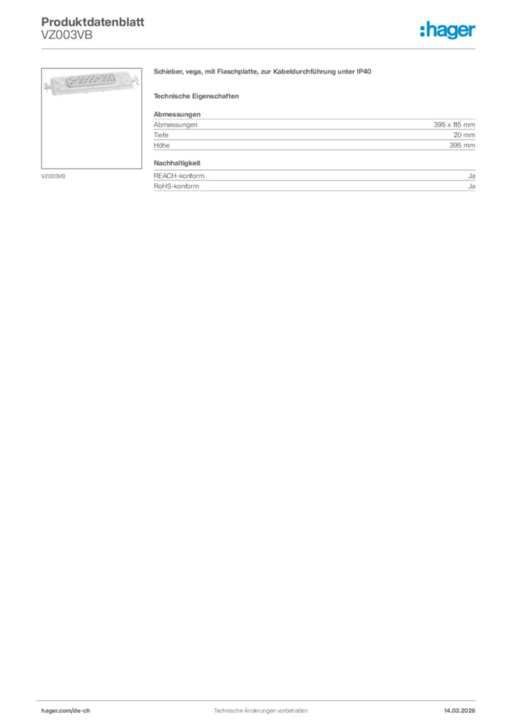 Bild Hager Produktdatenblatt VZ003VB | Hager Schweiz