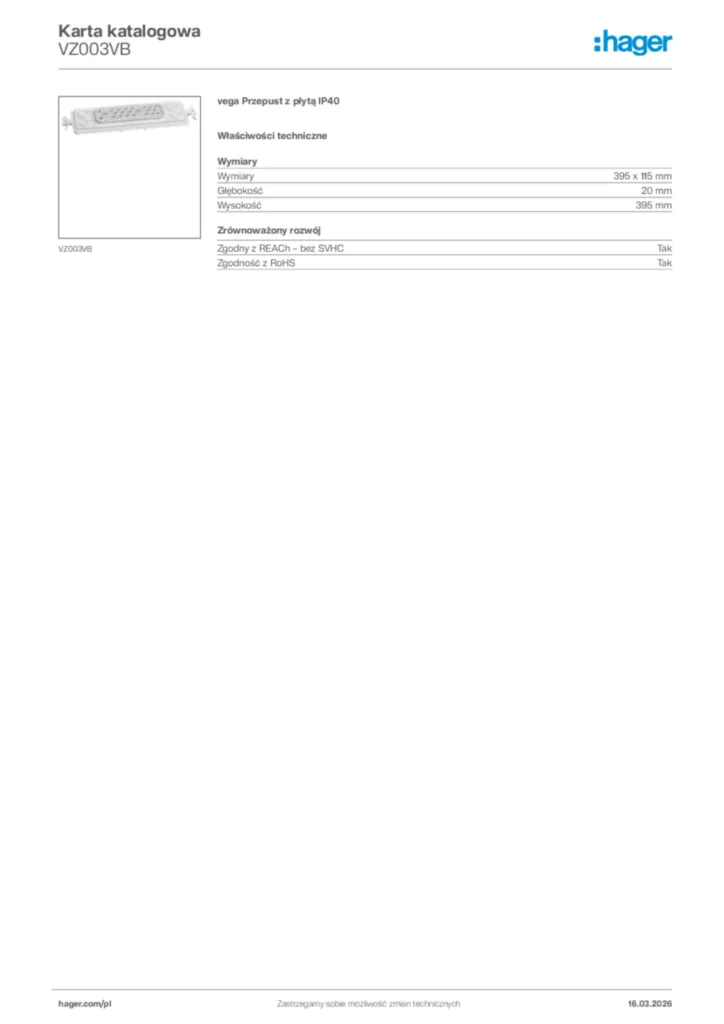 Zdjęcie Hager Karta katalogowa VZ003VB | Hager Polska