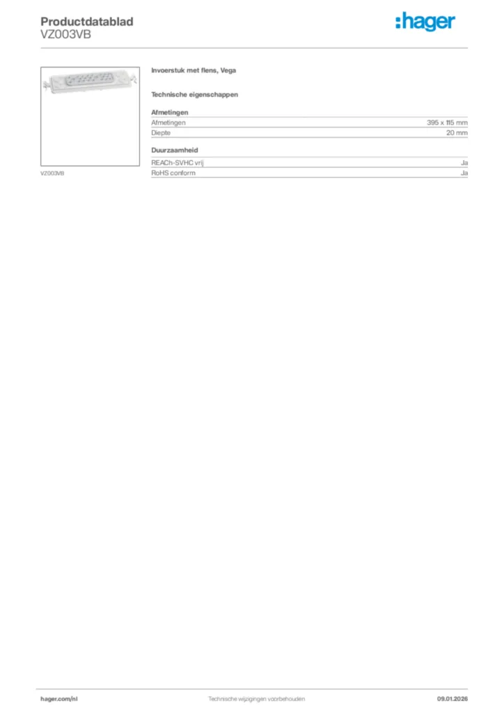 Afbeelding Hager Productdatablad VZ003VB | Hager Nederland