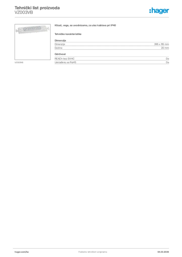 Slika Hager Tehnički list proizvoda VZ003VB  | Hager
