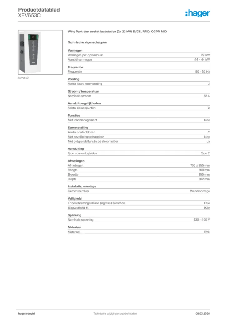 Afbeelding Hager Productdatablad XEV653C | Hager Nederland