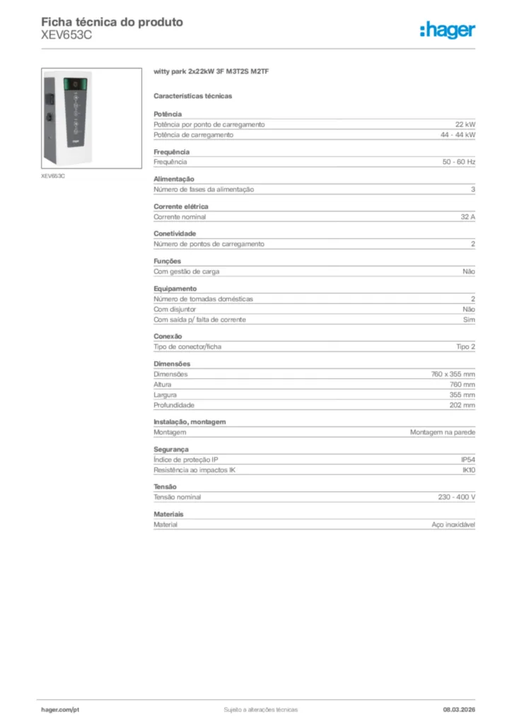 Imagem Hager Ficha técnica do produto XEV653C | Hager Portugal