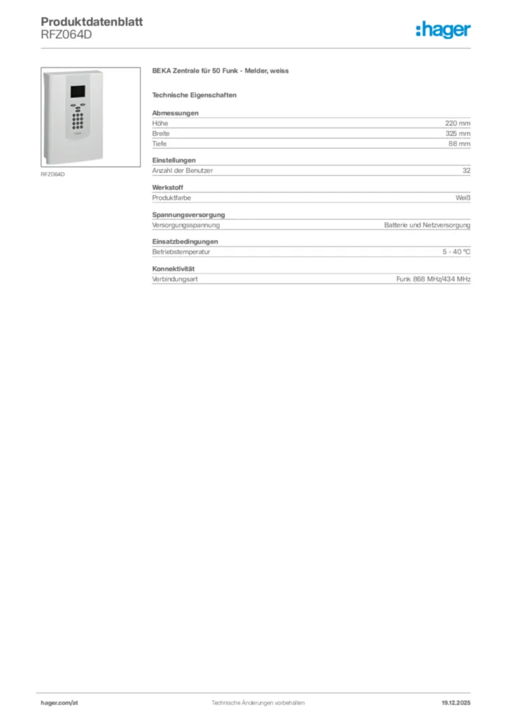 Bild Hager Produktdatenblatt RFZ064D | Hager Deutschland