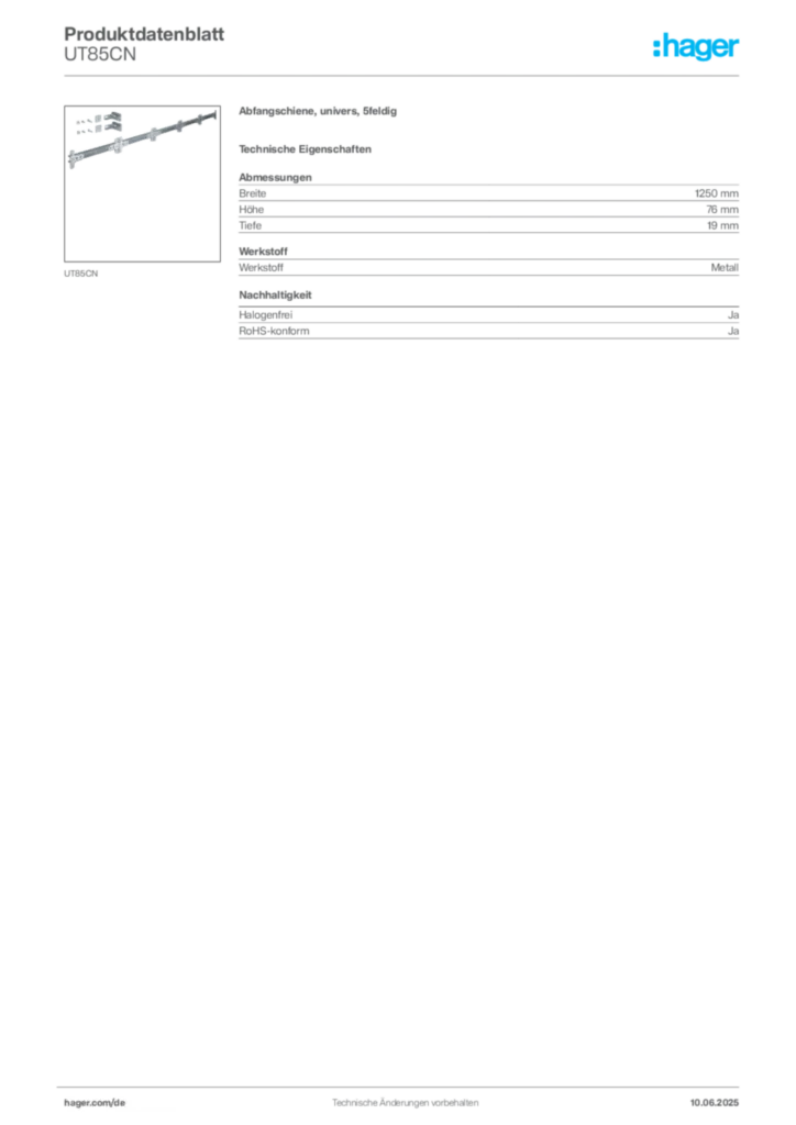 Bild Hager Produktdatenblatt UT85CN | Hager Deutschland