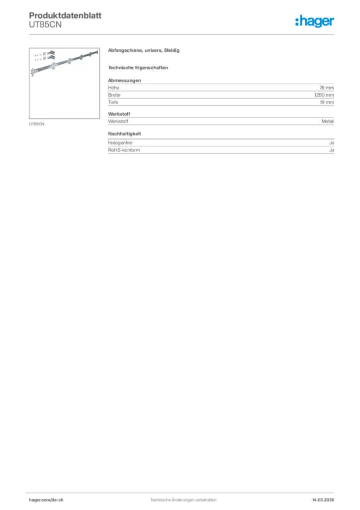 Bild Hager Produktdatenblatt UT85CN | Hager Schweiz