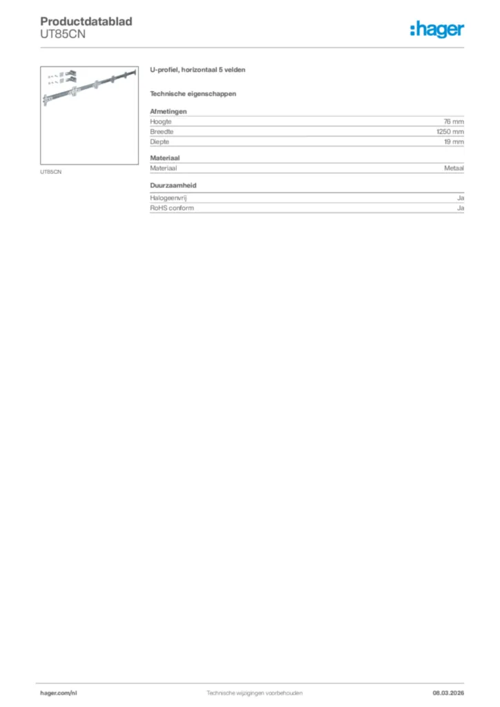 Afbeelding Hager Productdatablad UT85CN | Hager Nederland