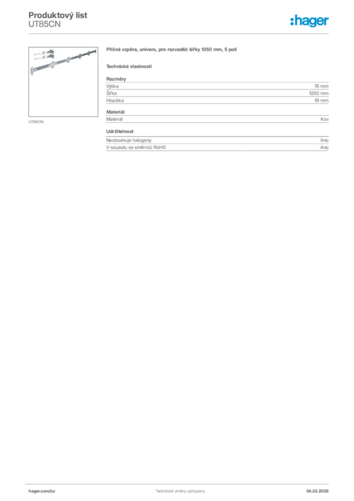 Obrázek Hager Product data sheet UT85CN | Hager
