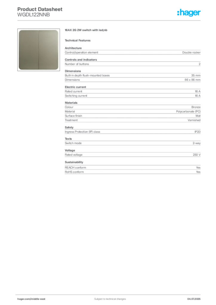 Image Hager Product data sheet WGDL122NNB  | Hager