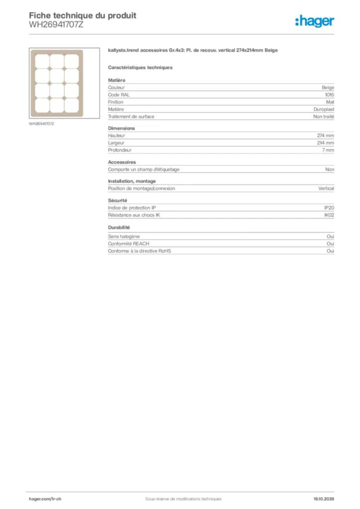 Image Hager Fiche technique du produit WH26941707Z | Hager Suisse