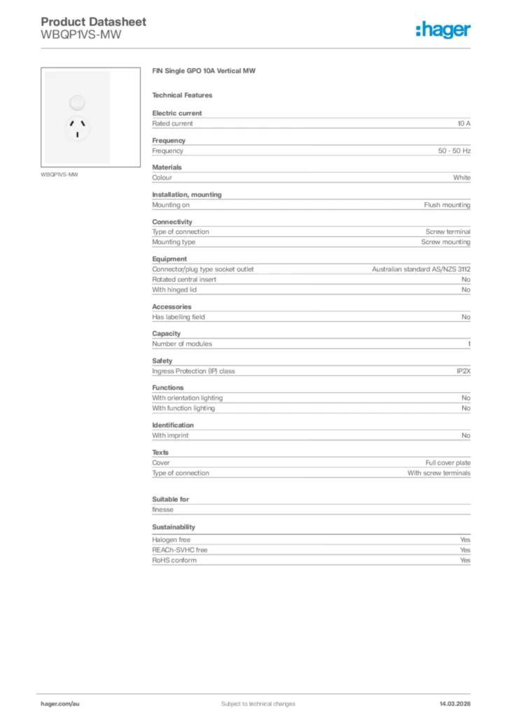 Image Hager Product data sheet WBQP1VS-MW  | Hager Australia