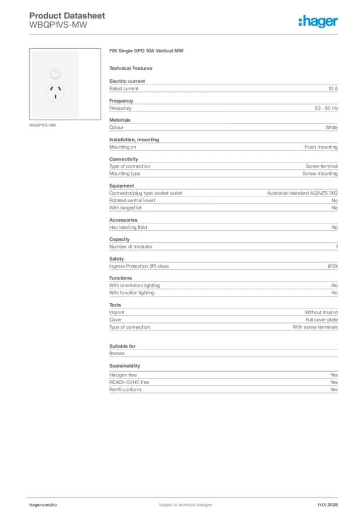 Image Hager Product data sheet WBQP1VS-MW  | Hager New Zealand