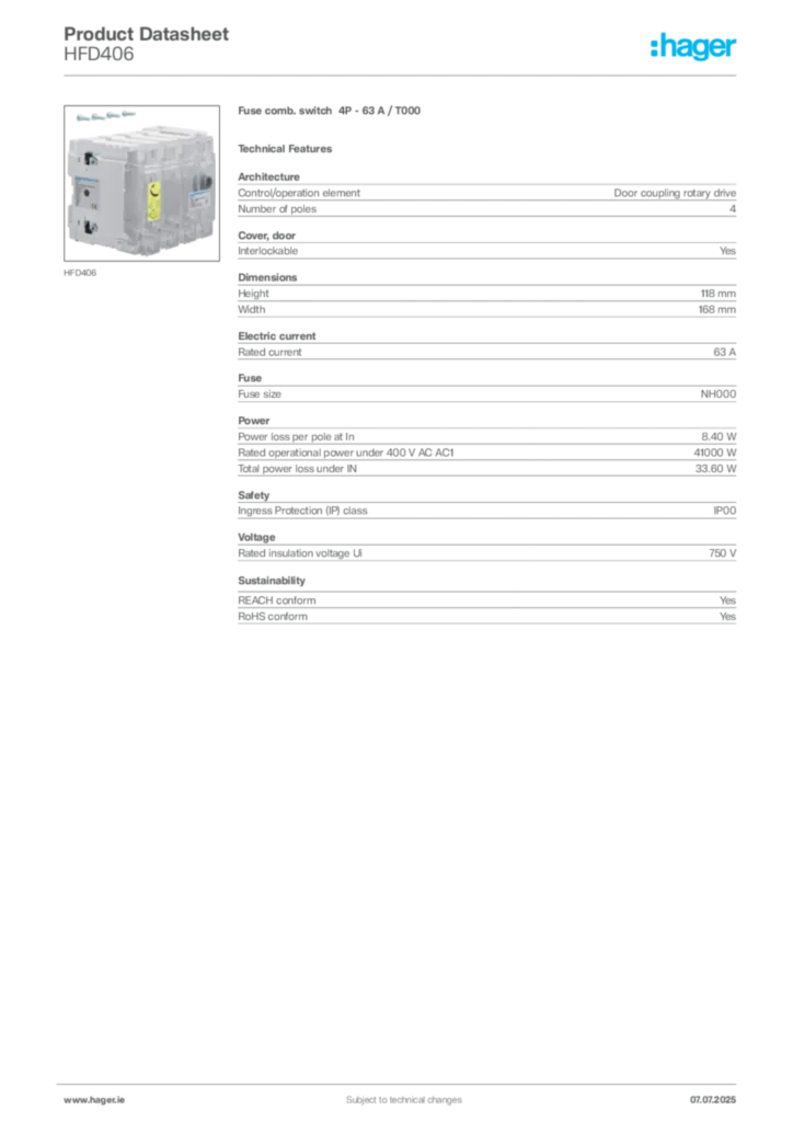 Image Hager Product data sheet HFD406  | Hager