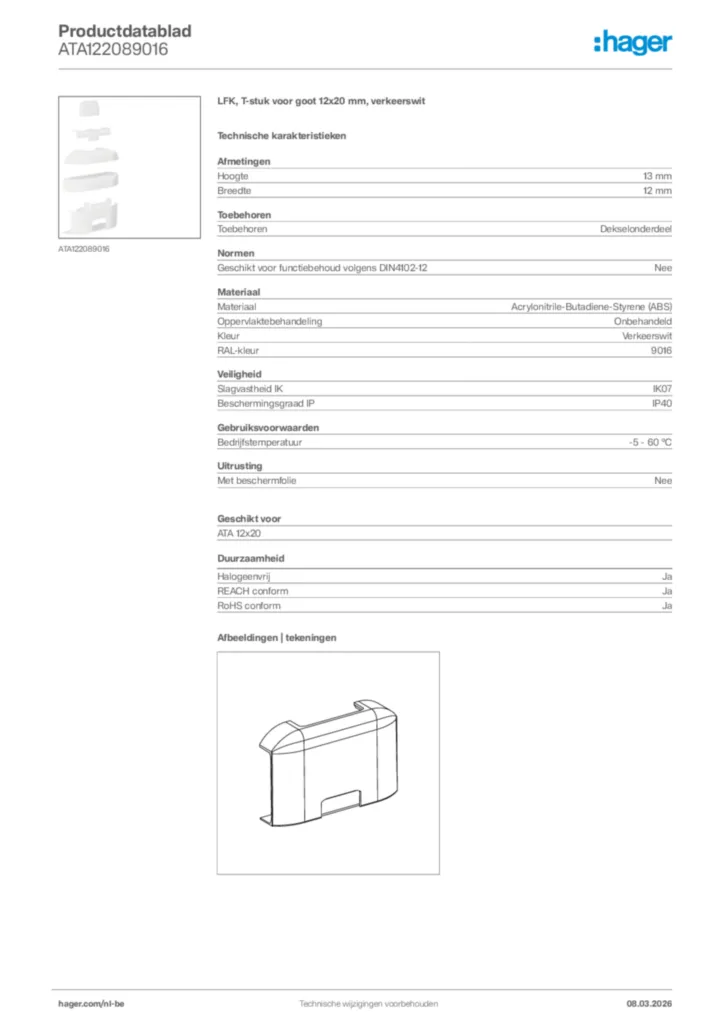 Afbeelding Hager Productdatablad ATA122089016 | Hager Belgium