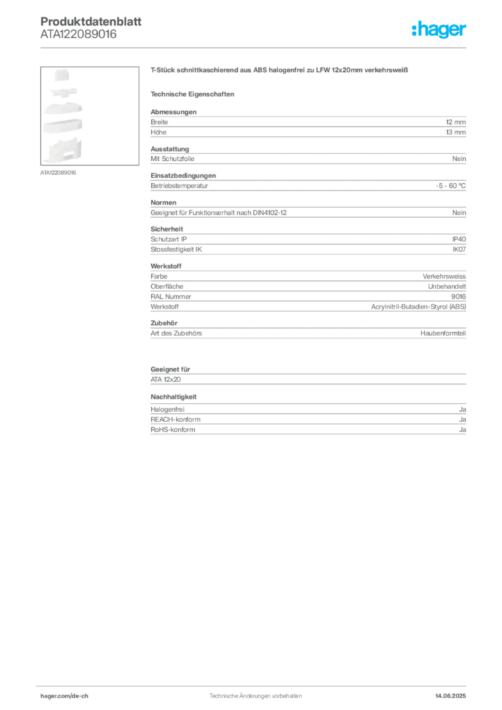 Bild Hager Produktdatenblatt ATA122089016 | Hager Schweiz