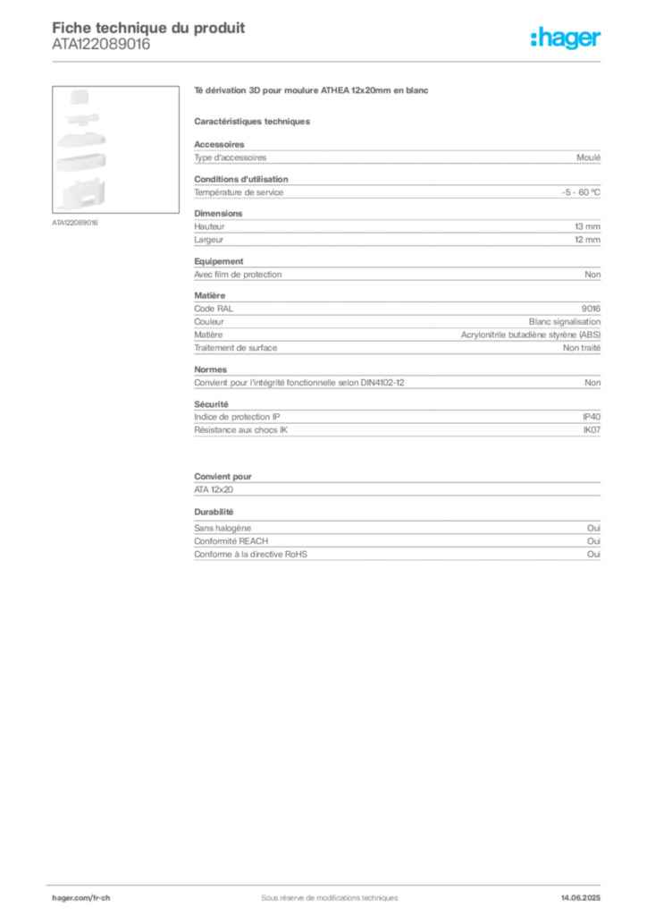 Image Hager Fiche technique du produit ATA122089016 | Hager Suisse