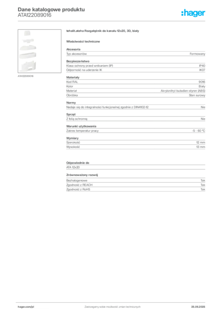 Zdjęcie Hager Karta katalogowa ATA122089016 | Hager Polska