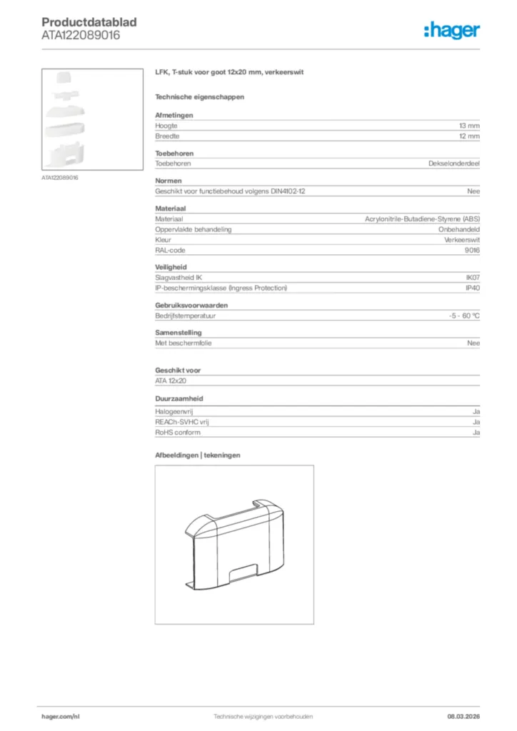 Afbeelding Hager Productdatablad ATA122089016 | Hager Nederland