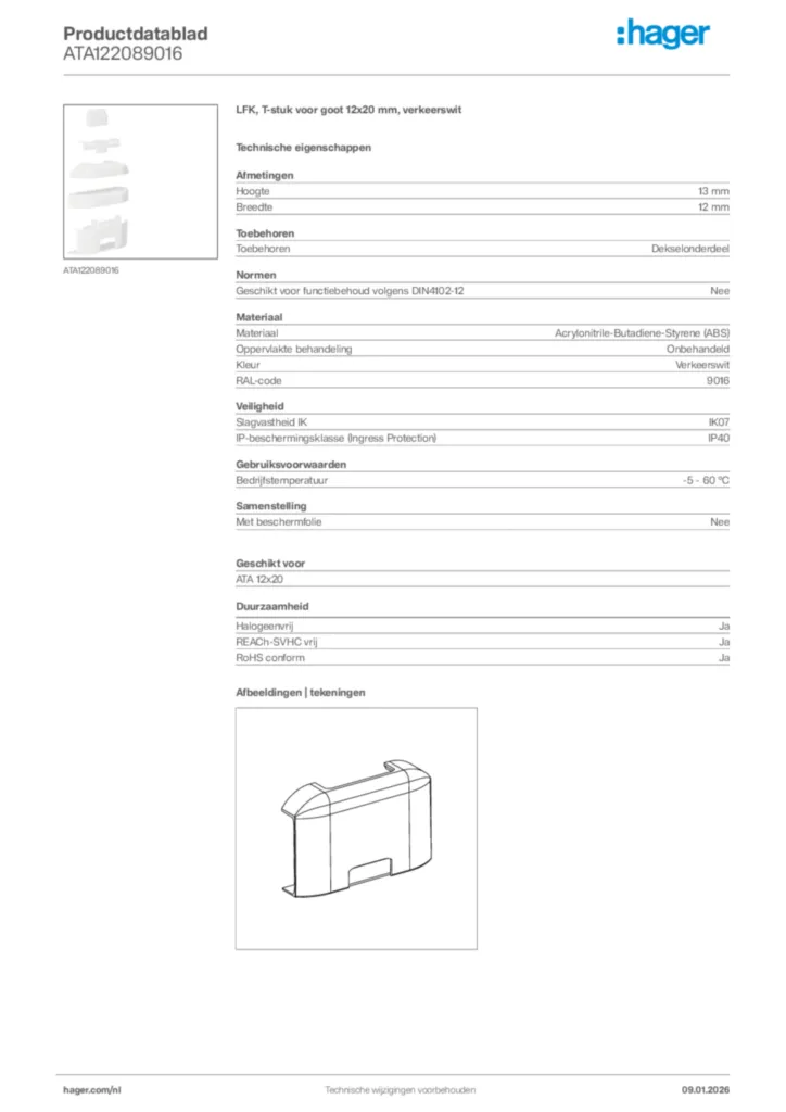 Afbeelding Hager Productdatablad ATA122089016 | Hager Nederland