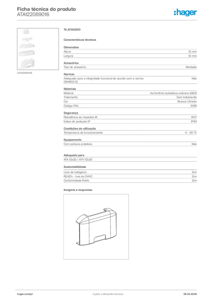 Imagem Hager Ficha técnica do produto ATA122089016 | Hager Portugal