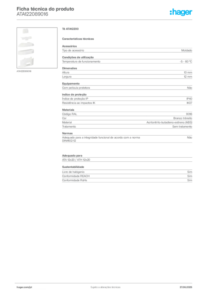 Imagem Hager Ficha técnica do produto ATA122089016 | Hager Portugal