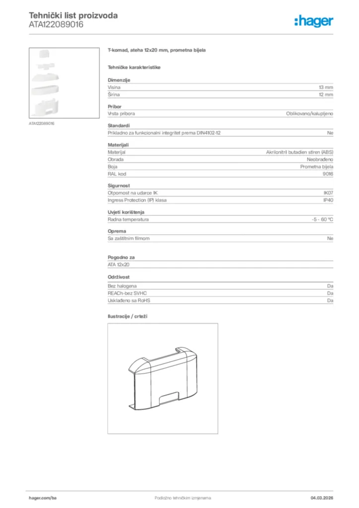 Slika Hager Tehnički list proizvoda ATA122089016  | Hager
