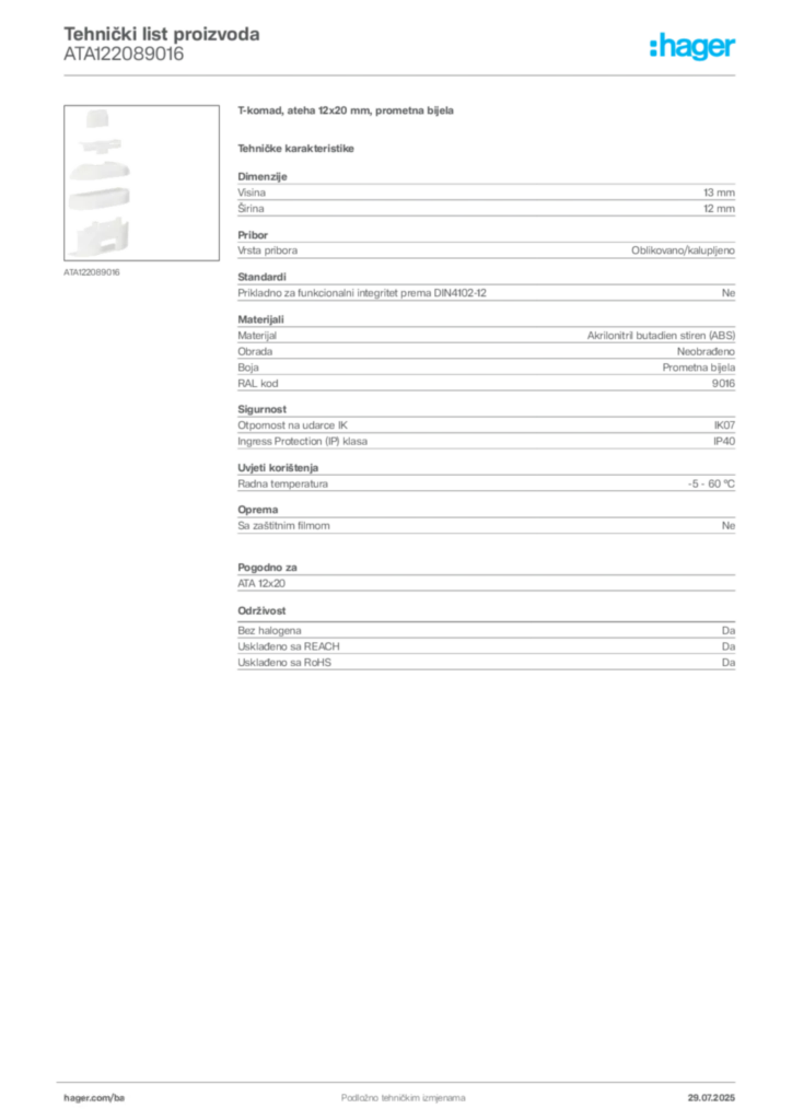 Slika Hager Product data sheet ATA122089016  | Hager