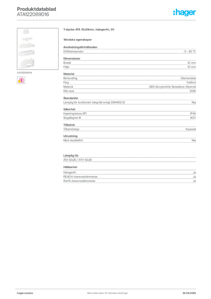 Bild Hager Produktdatablad ATA122089016 | Hager Sverige