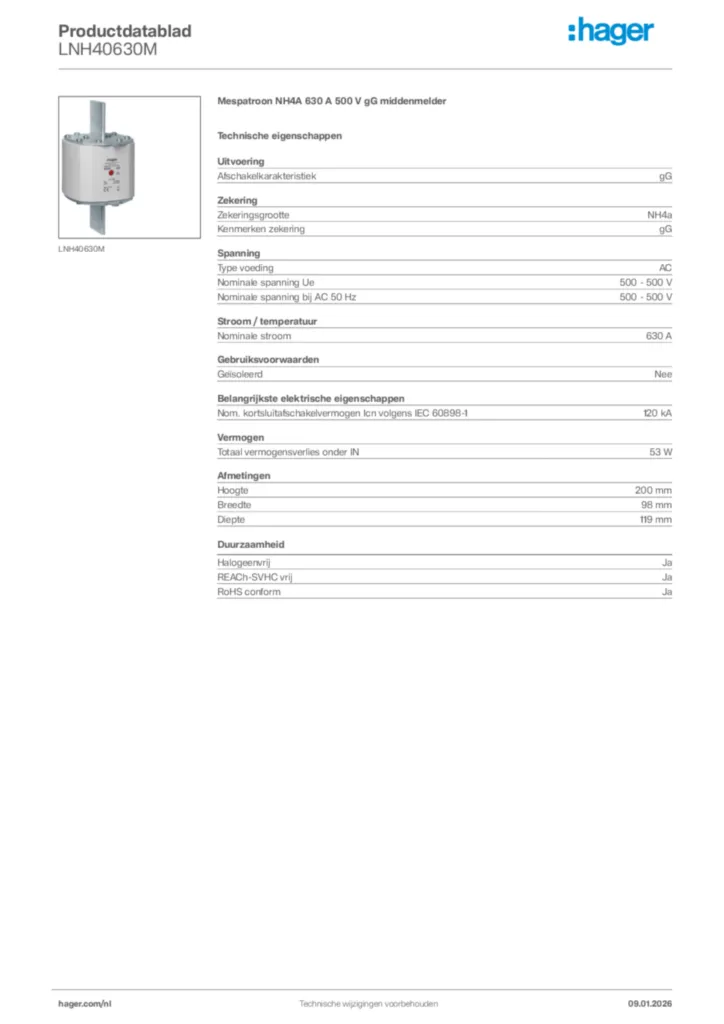 Afbeelding Hager Productdatablad LNH40630M | Hager Nederland