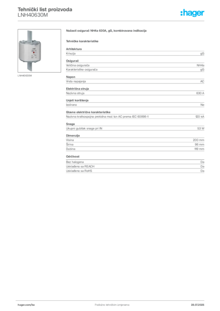 Slika Hager Product data sheet LNH40630M  | Hager