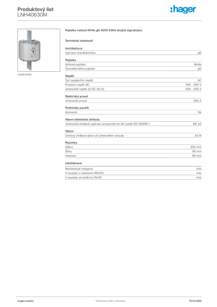 Obrázek Hager Produktový list LNH40630M | Hager