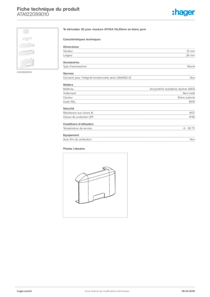 Image Hager Fiche technique du produit ATA122089010 | Hager France