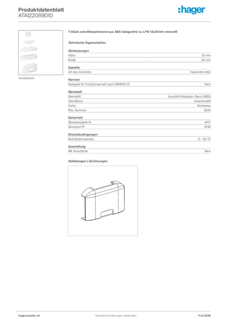 Bild Hager Produktdatenblatt ATA122089010 | Hager Schweiz