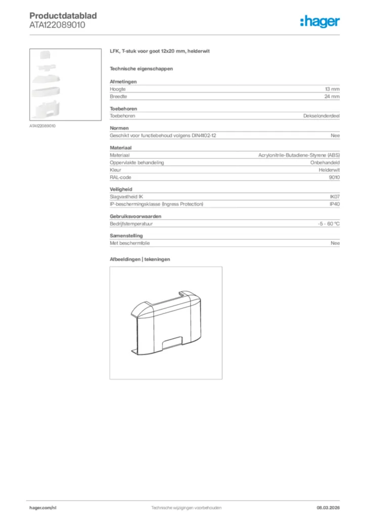 Afbeelding Hager Productdatablad ATA122089010 | Hager Nederland