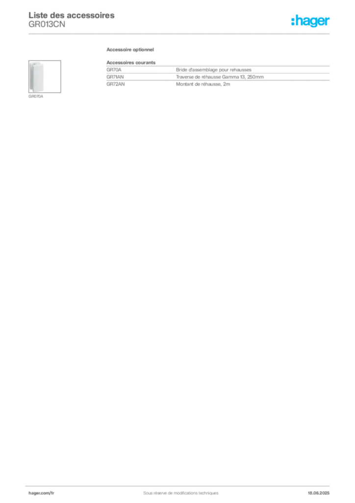 Image Hager Fiche technique du produit GR013CN | Hager France
