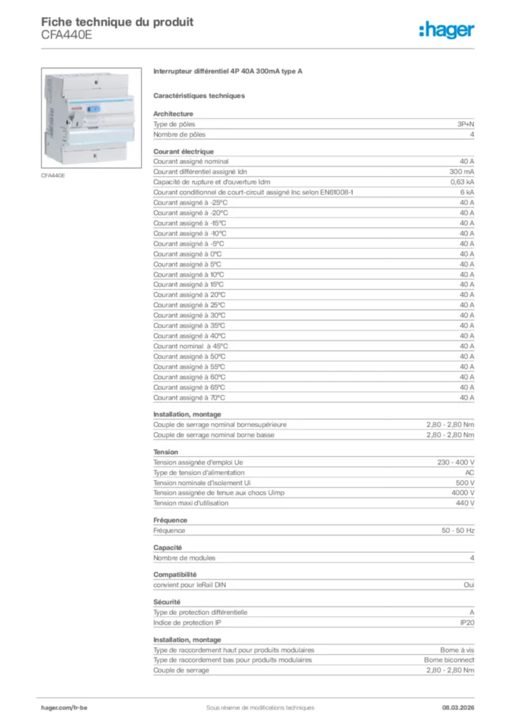 Image Hager Fiche technique du produit CFA440E | Hager Belgique