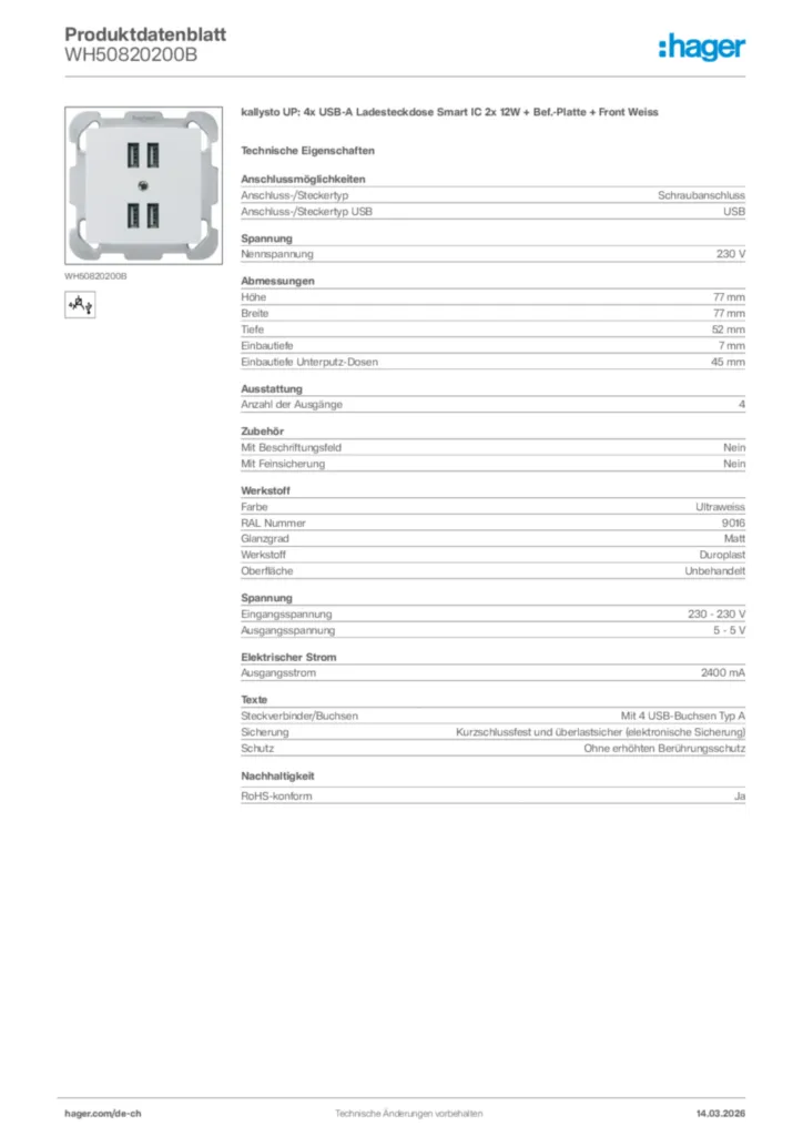 Bild Hager Produktdatenblatt WH50820200B | Hager Schweiz