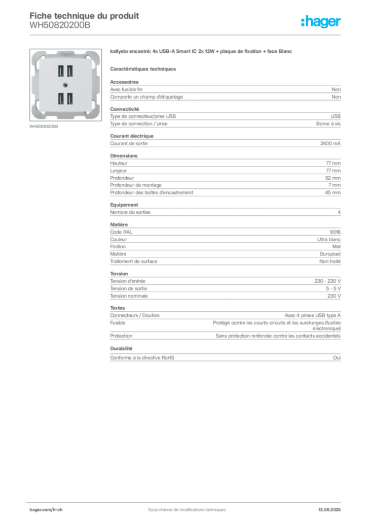 Image Hager Fiche technique du produit WH50820200B | Hager Suisse