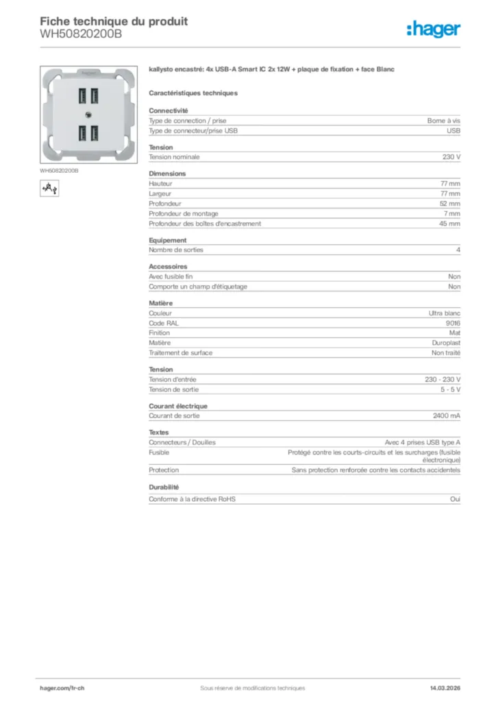 Image Hager Fiche technique du produit WH50820200B | Hager Suisse