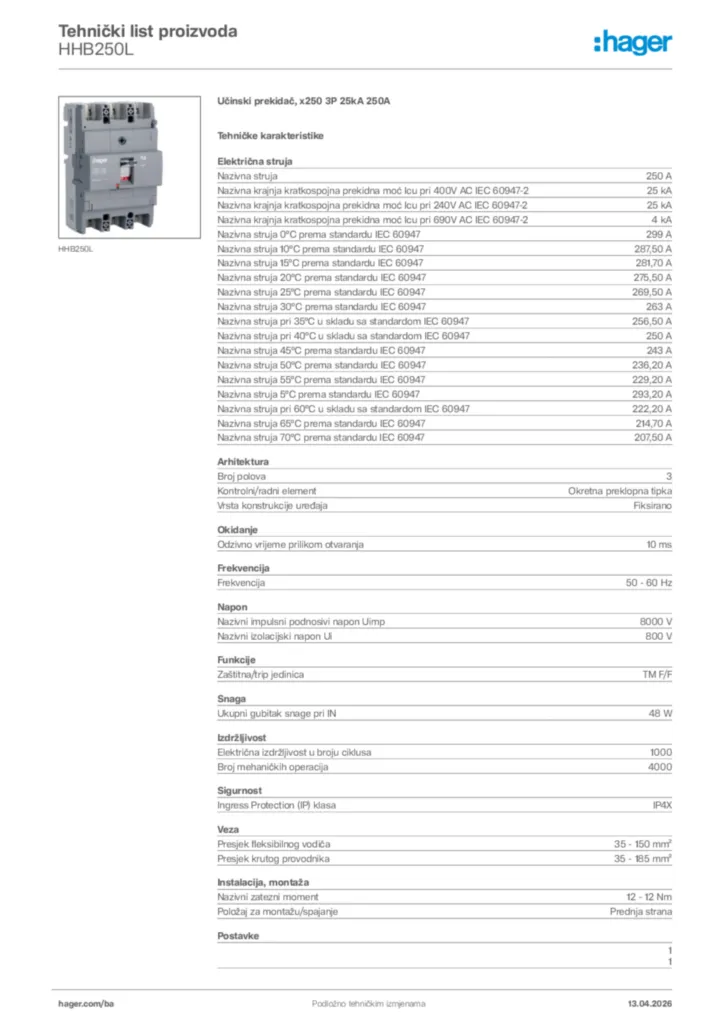 Slika Hager Tehnički list proizvoda HHB250L  | Hager