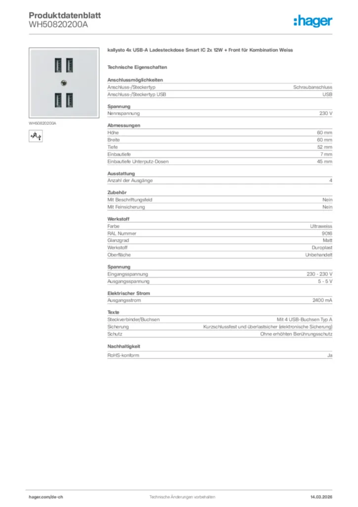 Bild Hager Produktdatenblatt WH50820200A | Hager Schweiz