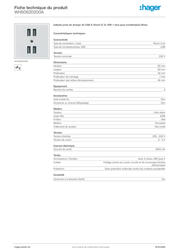 Image Hager Fiche technique du produit WH50820200A | Hager Suisse